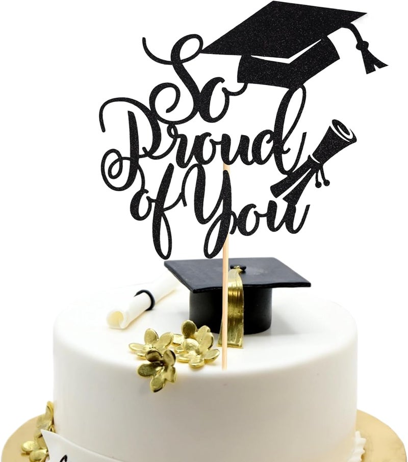 Arthsdite So Proud of You Cake Topper - Black Glitter Graduation Decoration - Image 1